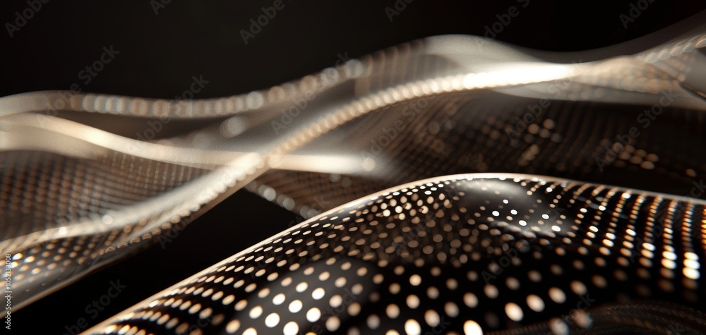 Poster An abstract representation of flowing waves with metallic textures and intricate patterns, creating a sense of fluidity and movement against a dark background.