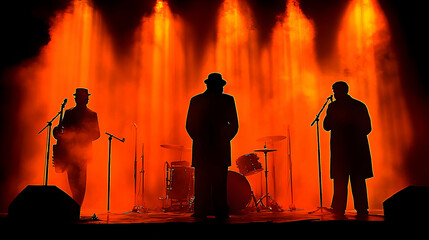 Fototapeta premium Silhouettes of Musicians on Stage with Orange Lighting Illustration