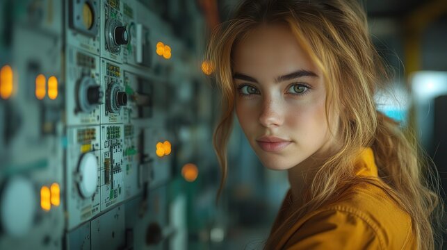 female electrician diligently installing an electric switchboard system, exuding focus and skill, set against a backdrop of a well-organized workspace, showcasing modern electrical installations