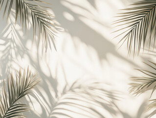 Fototapeta premium Shadows of palm leaves cast on a beige wall, creating a tropical and serene atmosphere.