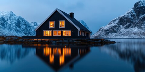 Fototapeta premium Cozy Cabin with Mountain Reflections at Dusk