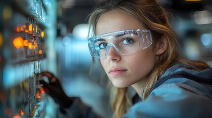 Obraz premium female electrician diligently working on a fuse box, dressed in safety gear, radiating professionalism and expertise in a well-lit, organized workspace