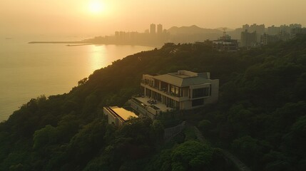 Fototapeta premium An Abstract High-Angle View from a Villa Rooftop or Terrace, Overlooking the Entire Villa and Scenic Ocean View, Perfectly Capturing the Overall Layout and Surrounding Environment, Ideal for Travel a