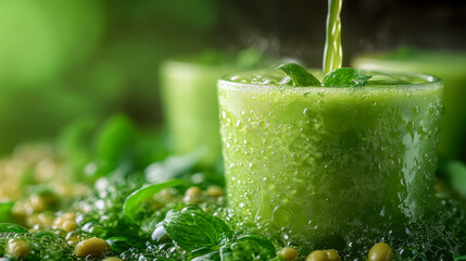 A refreshing green drink with matcha being poured over ice, surrounded by vibrant green elements