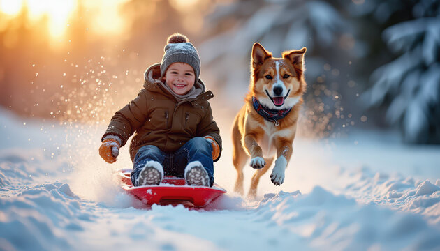 Ni&ntilde;o sonriendo mientras disfruta de un paseo en trineo acompa&ntilde;ado por su perro en un paisaje nevado.