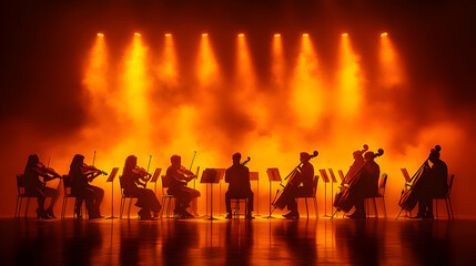 Fototapeta premium Silhouette of Orchestra on Stage with Warm Lights - Photo