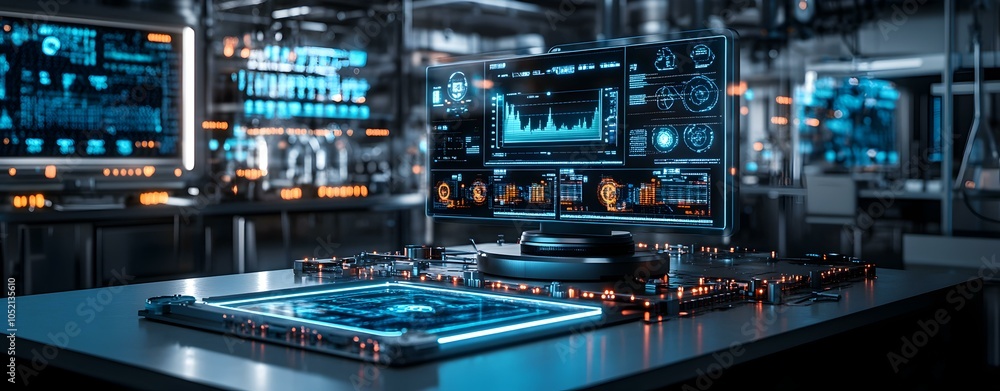 Poster futuristic development workspace with high-tech interface