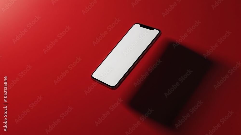 Aufkleber The sleek smartphone lies on a striking red surface, its blank screen reflecting light and creating a strong visual contrast with the vibrant color, capturing an interesting aesthetic appeal.