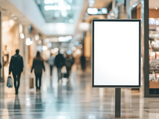 Obraz premium Blank advertisement display in modern shopping mall corridor with blurred shoppers.