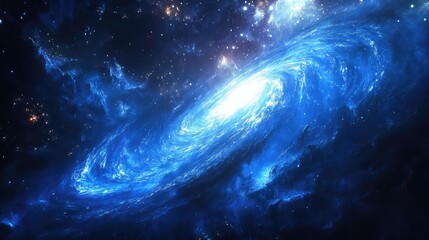 A galaxy glowing in shades of blue, with its spiral arms elegantly swirling and illuminated by the light of young stars