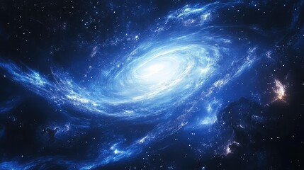 Fototapeta premium A glowing blue galaxy surrounded by a sea of stars, its spirals of light dancing with shades of cerulean and indigo