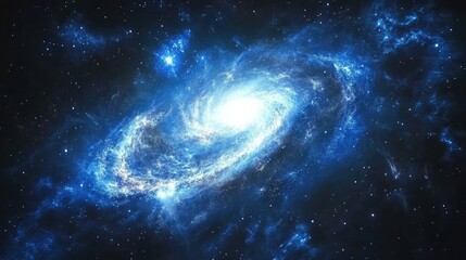 Obraz premium A stunning blue galaxy glowing in the vastness of space, with spiraling arms of bright azure stars and ethereal blue nebulae illuminating the darkness