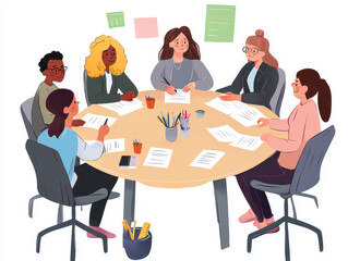 Diverse group of women collaborating around a round table, sharing ideas and documents in a bright, creative workspace.