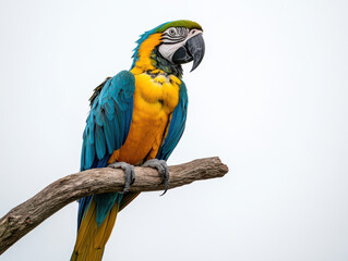Fototapeta premium Vibrant blue and yellow parrot perched on a branch against a clear sky.