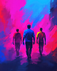Three figures walk towards vibrant, swirling colors in a moody urban setting, creating a striking contrast with the dark ground beneath them.