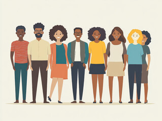 Fototapeta premium Diverse group of young adults standing together, smiling and showcasing unity and friendship in a bright, uplifting illustration.