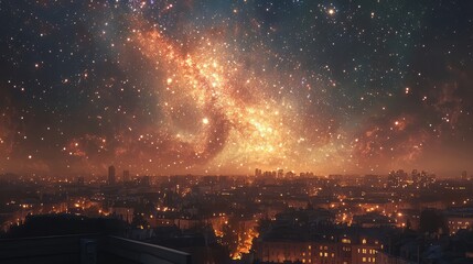 A captivating view of the galaxy from an urban rooftop, with city lights twinkling below as the stars shimmer above