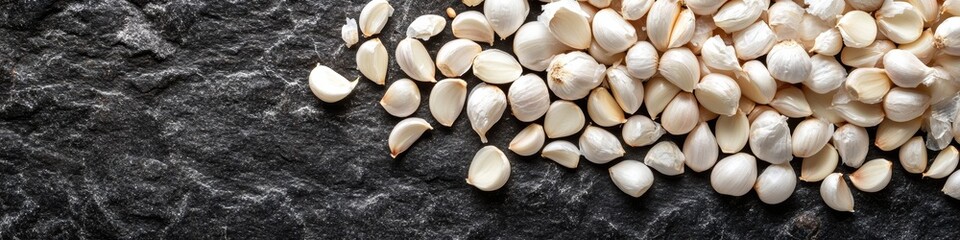 Garlic banner with fresh garlic bulbs, spices, and herbs arranged on rustic textured backgrounds, emphasizing natural ingredients and culinary elements.