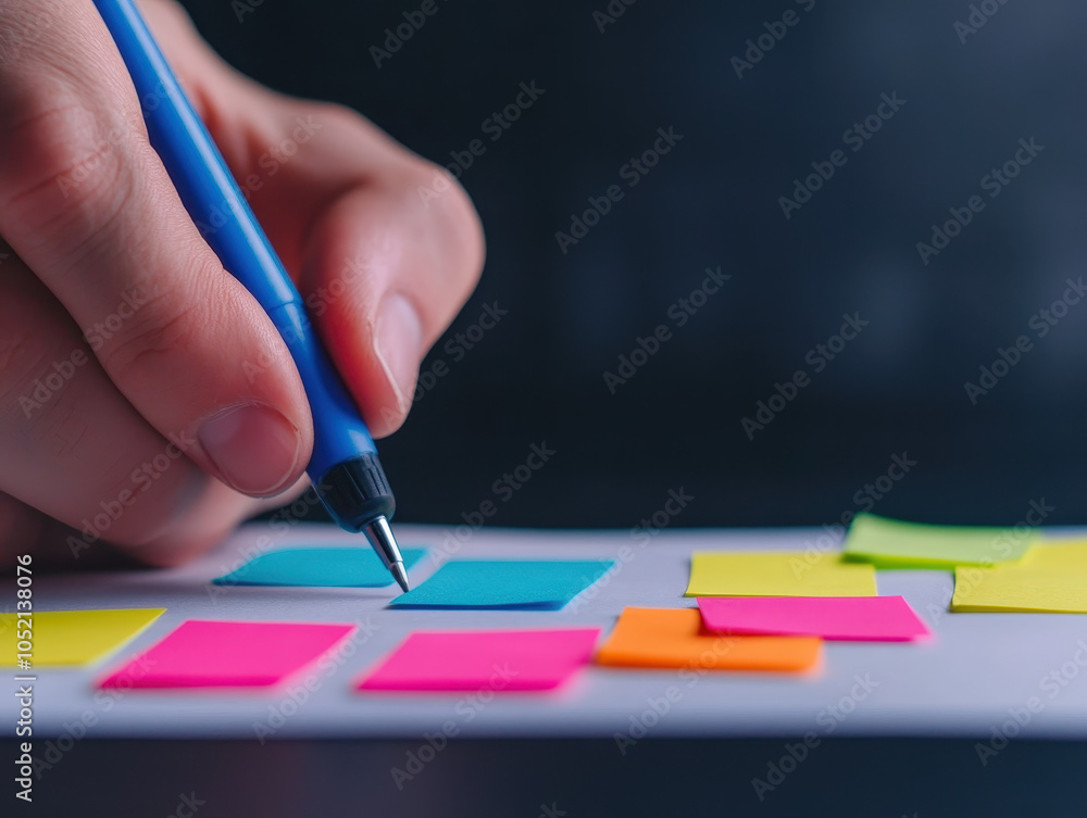 Leinwandbilder a hand writing on colorful sticky notes with a pen, creating a vibrant workspace filled with creativ