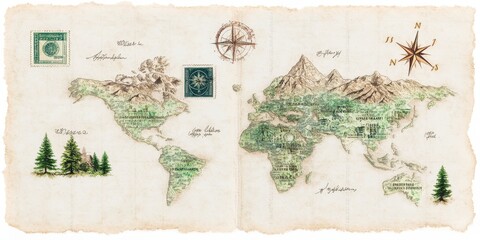 Vintage World Map Illustration with Stamps and Compass   Travel Adventure Background