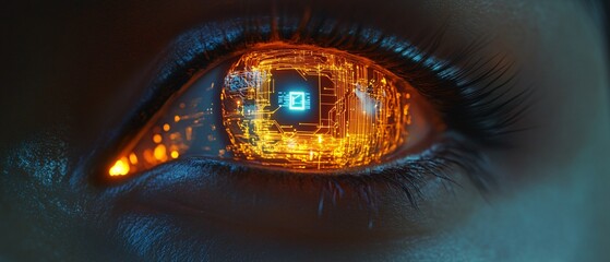 Obraz premium Close-up view of a futuristic eye with a glowing circuit board design, showcasing advanced technology and innovation.