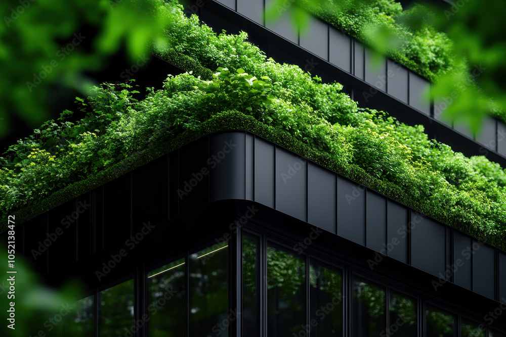 Aufkleber A modern building adorned with lush greenery atop its structure, blending nature with architecture for a sustainable urban aesthetic.