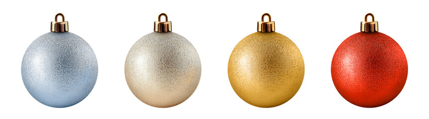 Set of four shiny Christmas ornament balls in silver, pearl, gold, and red tones, isolated on transparent background