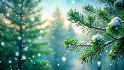 Snowflakes Gently Falling on Pine Branches in a Winter Wonderland Scene