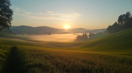 Golden sunset over rolling hills and wildflowers in a serene landscape during late spring in the countryside
