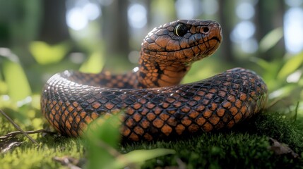 Fototapeta premium A black and orange snake with scales coiled on moss in a forest.