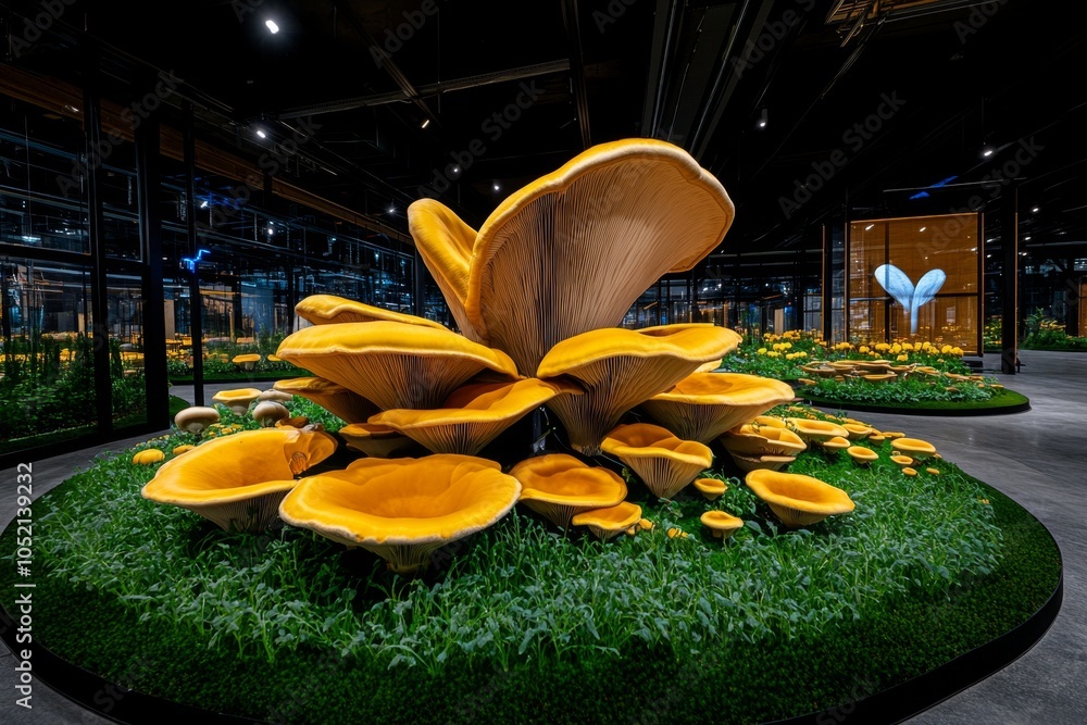 Poster mushrooms growing in a high-tech, temperature-controlled greenhouse, with holographic displays showi