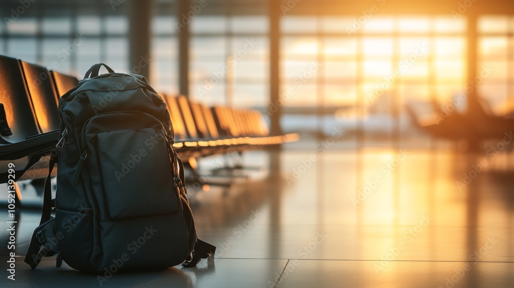 Aufkleber Backpack is standing near empty seats in an airport terminal with the sun setting in the background. The image evokes feelings of wanderlust and adventure