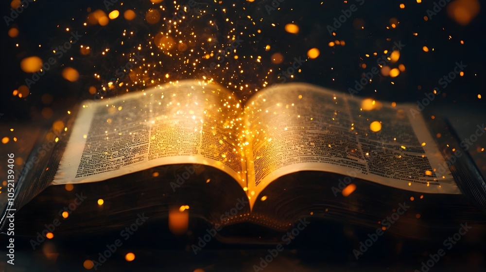 Poster glowing open book illuminating the darkness symbolic of enlightenment and discovery