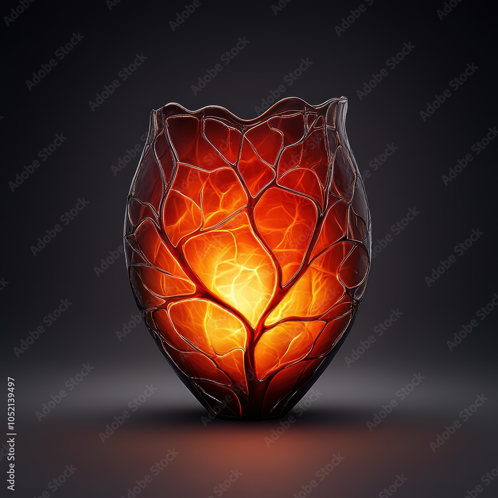 Poster a stunning, illuminated vase with a leaf design, casting a warm glow against a dark background, crea