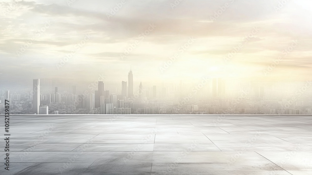 Wall mural empty marble floor features a panoramic view of a city skyline with skyscrapers against a foggy sky 