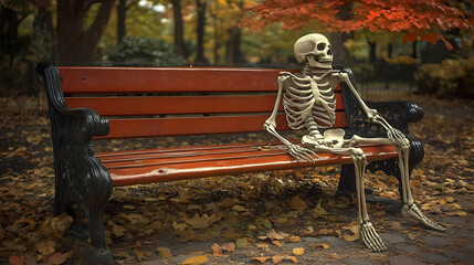 Skeleton Sitting on a Bench in Autumn Illustration