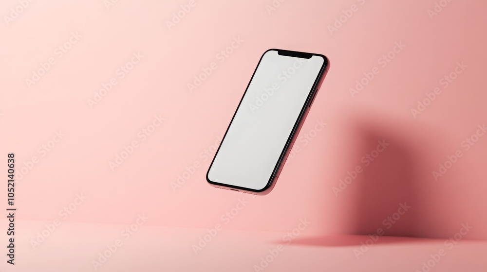 Leinwandbilder a sleek smartphone with a blank screen hovers in mid-air against a soft pink backdrop, creating a mi