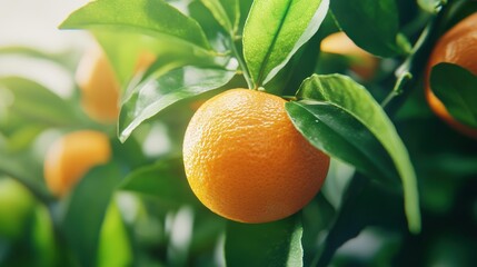 Fresh Orange on Tree with Green Leaves in Natural Sunlight