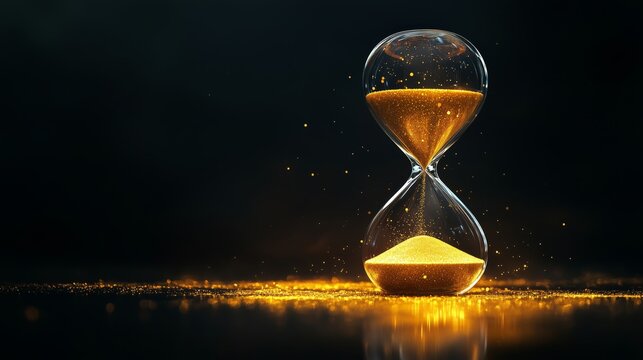 An hourglass with golden sand, glowing and sparkling in the dark background.