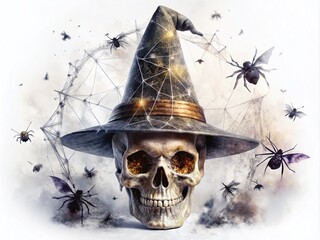 Spooky Skull with Witch Hat and Spiders for Halloween T-Shirt and Postcard Design