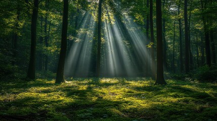 Obraz premium Sunbeams Illuminating a Lush Forest Floor