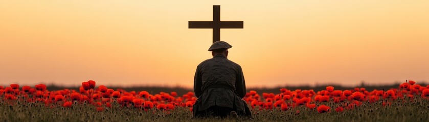 A soldier kneels in a field of poppies at sunset, paying tribute to fallen comrades in a moment of reflection and remembrance.
