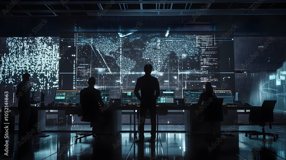 Poster team of subordinates working together in high tech control room for data analysis and real time deci