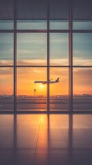 Fototapeta premium Airplane is landing at sunset, viewed through the windows of an airport terminal, with the sun reflecting on the floor