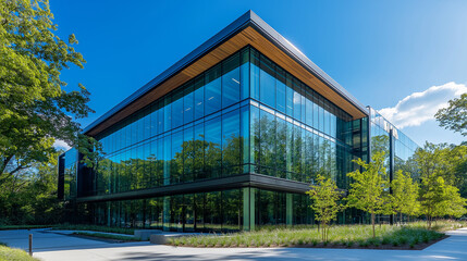 Obraz premium A sleek modern office building with large glass windows with green leaves. sustainable urban environment, energy-efficient, eco-friendly, reduce CO2 concept. 