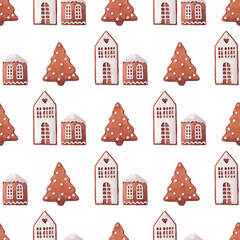 Seamless pattern with gingerbread houses and Christmas tree cookies decorated with white icing on white background. Design for wrapping paper, wallpaper, greeting card, invitation, textile, poster.