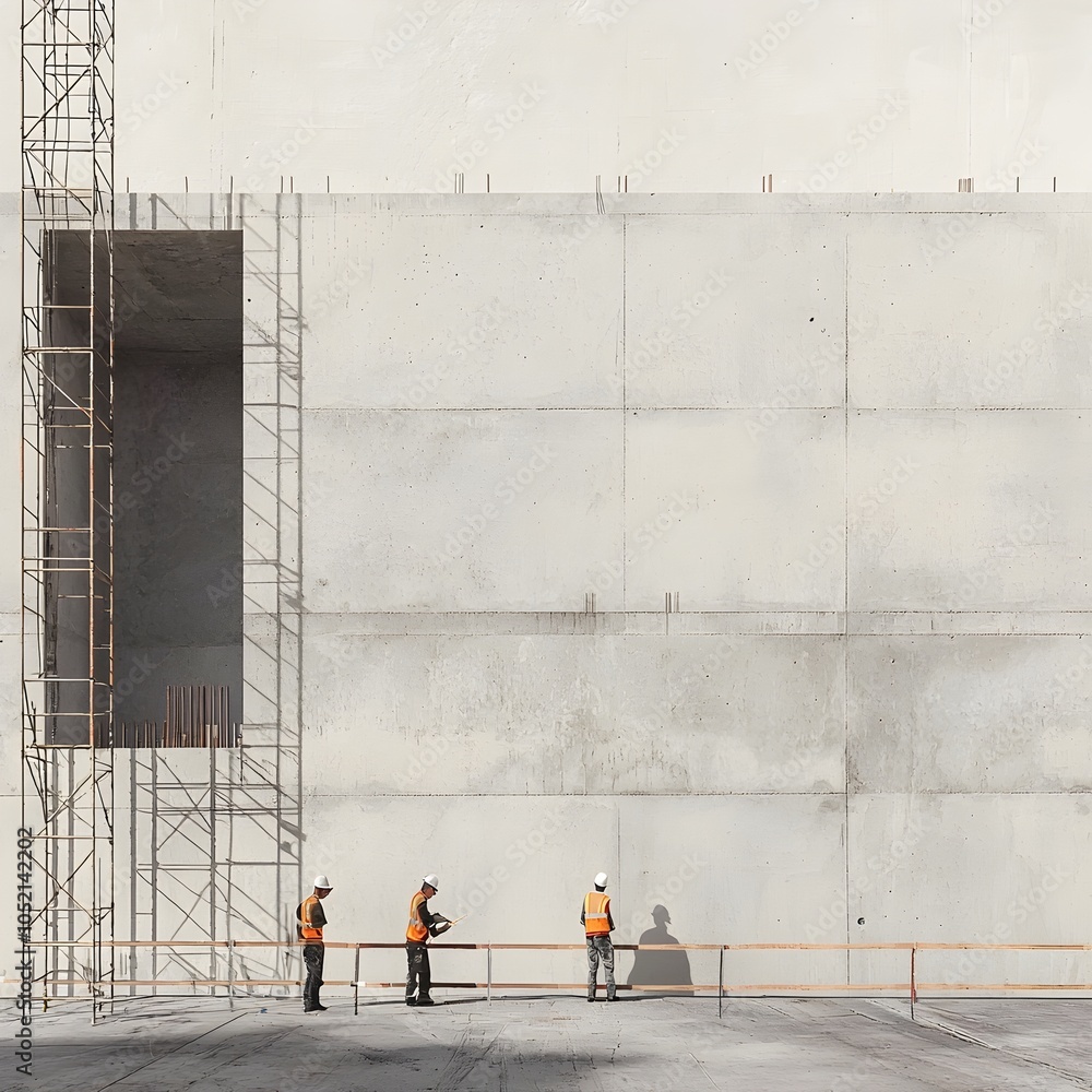 Poster construction site with subordinates working diligently under foreman s direction to build precise st