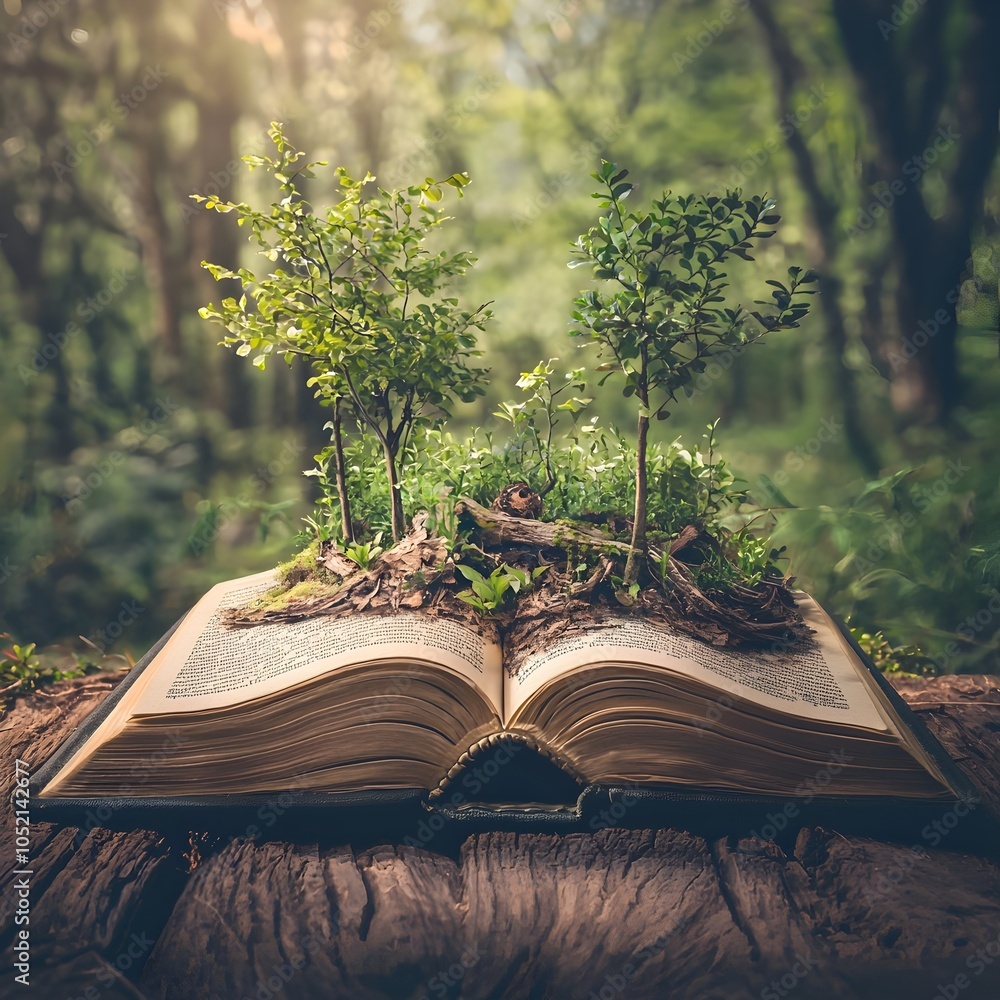 Poster open book in serene forest symbolizing nature and knowledge connection
