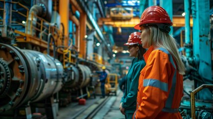 Obraz premium Diverse workers in a factory wear safety gear, work with heavy machinery. Teamwork, readiness highlighted in the industrial setting.