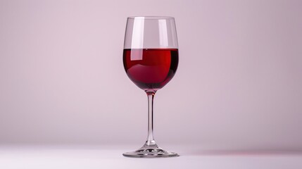 A glass of red wine on a white surface with a pale gray background.